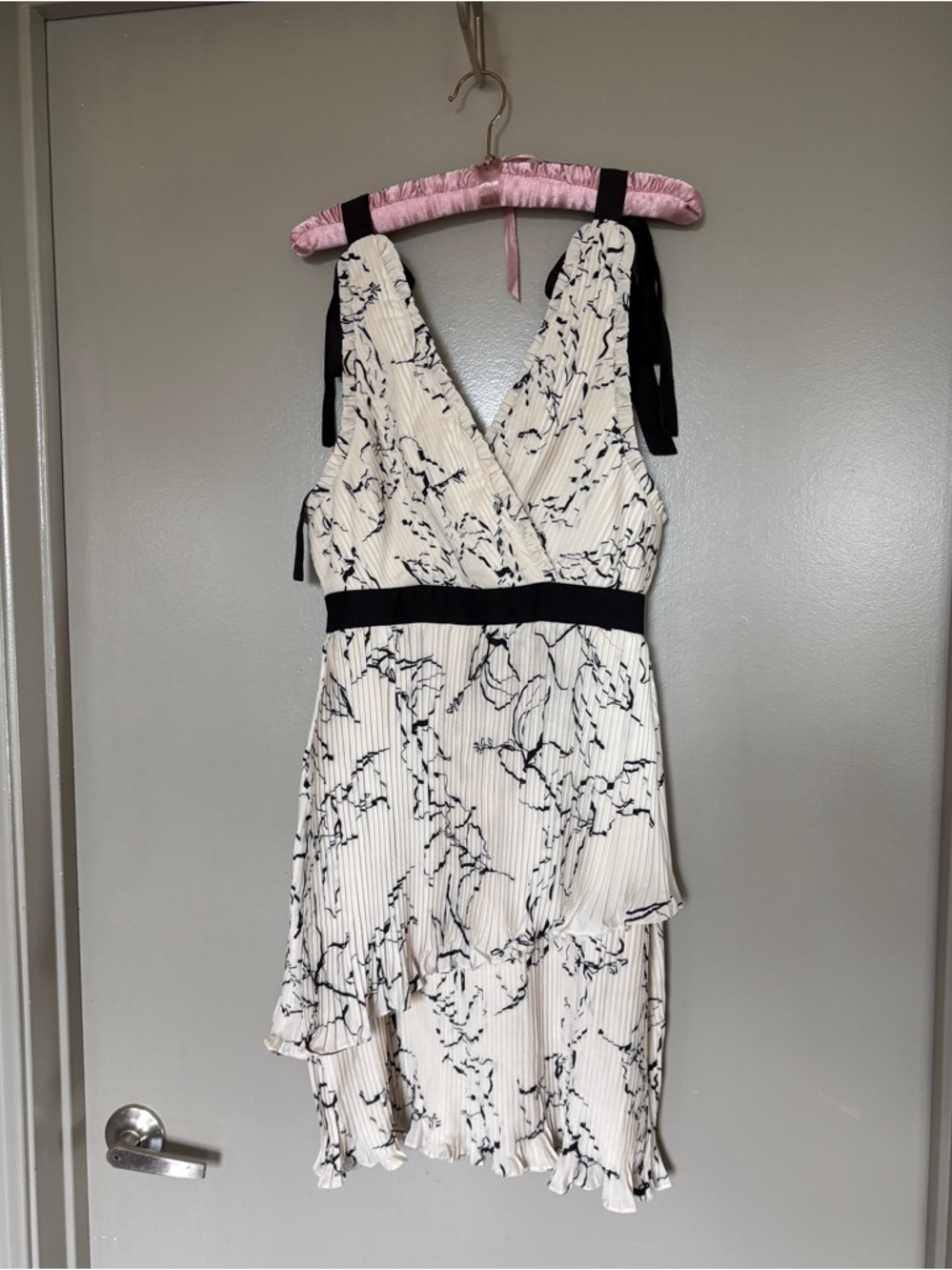 KAIA Women's Cream & Black Floral Wrap Midi Dress with Tie Straps